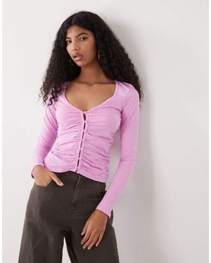 Monki Ruched Button Open Jersey Top - Pink