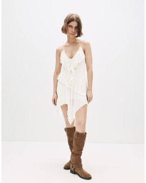 Pull&Bear Short Asymmetric Ruffle Dress - White