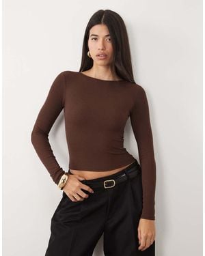 Oh Polly Ribbed Modal Boat Neck Ruched Top - Brown