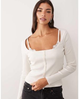 ASOS Sculpting Rib Top Met Knoopsluiting En Kanten Onderlaag - Naturel