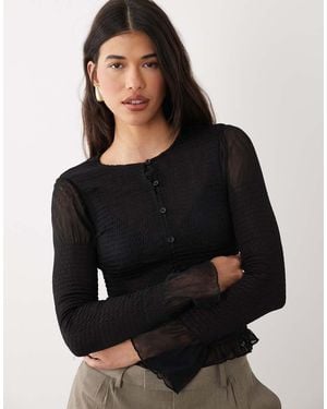 ASOS Mesh Shirred Button Down Long Sleeve Top - Black
