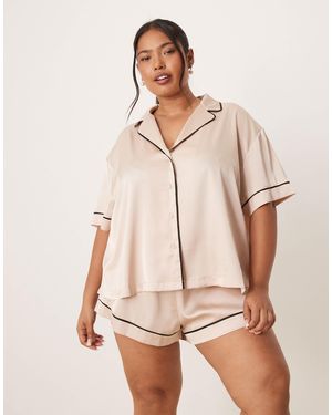 ASOS Asos Design Curve Oversized Satin Short Sleeve Shirt & Short Pyjama Set - Natural