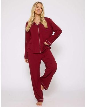 Loungeable Rib Long Sleeve Traditional Shirt And Long Pant - Red