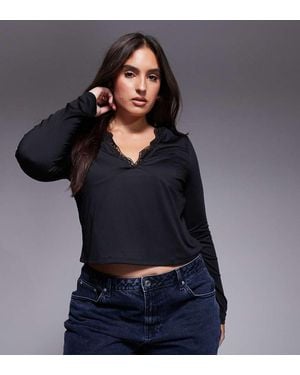 ASOS Asos Design Curve Slinky Long Sleeve Deep V Neck Top With Lace - Black
