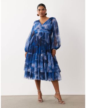Lace & Beads Plus Robe midi en tulle à manches ballon, volants et étages, imprimé bleu foncé