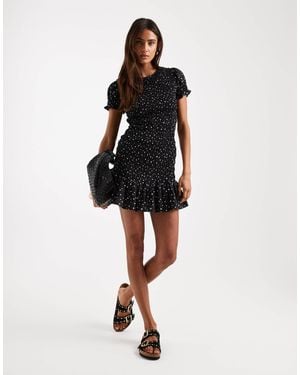 Daisy Street Shirred Mini Dress With Puff Ruffle Sleeves - Black