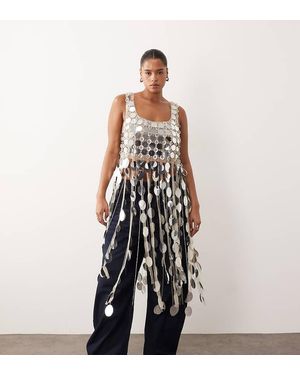 ARRANGE Curve Futurist Sequin Crop Top With Long 3d Fringe Hem - White