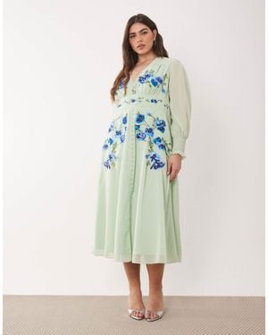 Hope & Ivy Plus Embroidered Wrap Front Sheer Sleeve Midi Dress - Green