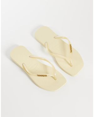 Havaianas Slim Square Toe Metallic Logo Flip Flops - Natural
