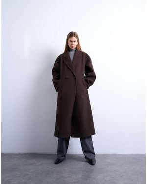 TOPSHOP Abrigo De Vestir Largo Marrón Con Doble Botonadura Y Mangas Ovoides De