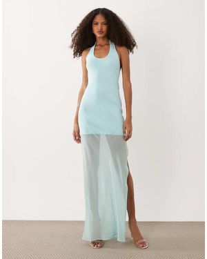 SNDY'S Vestido Largo Color Aguamarina Con Cuello Halter Y Bajo Transparente De Chifón-Azul