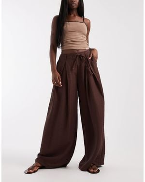 ASOS Textured Wide Leg Pants With Tie Waist - Brown