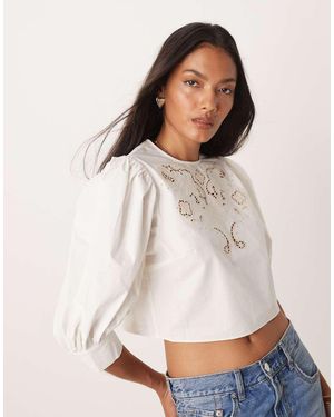 Glamorous Embroidered Boxy Blouse With Pull Sleeves - White