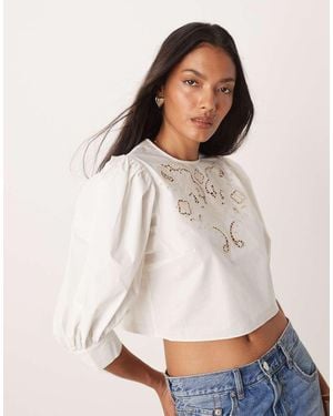 Glamorous Embroidered Boxy Blouse With Pull Sleeves - White