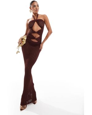 Murci Honeycomb Knit Cut Out Halterneck Maxi Dress - Brown