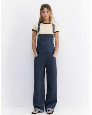Pull&Bear – lange, gestreifte jeans-latzhose - Blau