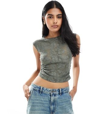 Pull&Bear Floral Textured Ruched Side Top - Blue