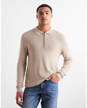 New Look Polo A Maniche Lunghe Color Pietra Con Zip Corta - Neutro