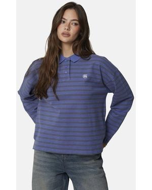 Good For Nothing Striped Monogram Long Sleeve Polo - Blue