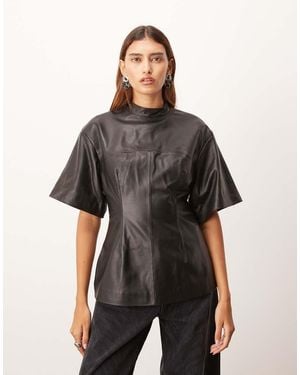 ARRANGE Soft Leather High Neck Top With Nipped-in Waist - Black