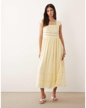 Nobody's Child Jessy Linen Blend Square Neck Cap Sleeve Broderie Detail Midi Dress - Natural