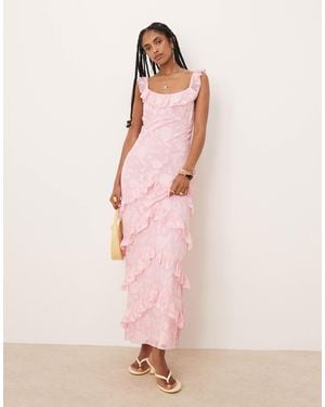 Pretty Lavish Ruffle Jacquard Maxi Dress - Pink