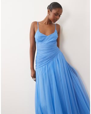 LACE & BEADS Cami Ruched Asymmetric Bodice Maxi Dress - Blue