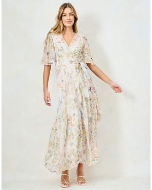 Hope & Ivy The Haven Flutter Sleeve Maxi Wrap Dress With Tie Waist - Natural