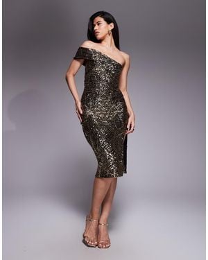 Vesper Bardot Sequin Midaxi Dress With Thigh Split - Metallic