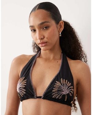 Never Fully Dressed Embroidered Triangle Bikini Top Co-Ord - Black