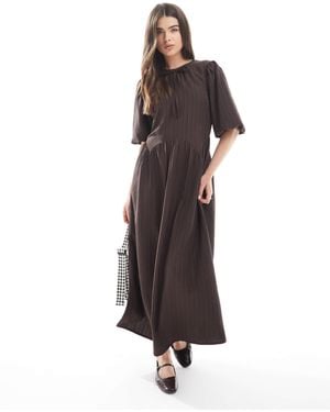 Wednesday's Girl Stripe Puff Sleeve Tie-detail Midaxi Dress - Brown