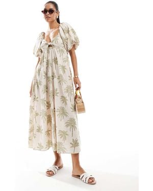 New Look Palm Print Puff Sleeve Midi Dress - Natural