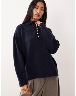 Pretty Lavish Knitted Polo Button Placket Relaxed Sweater - Blue
