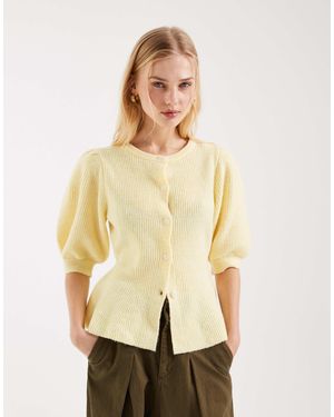 Pieces Puff Sleeve Knitted Cardigan With Waist Detail - Natural