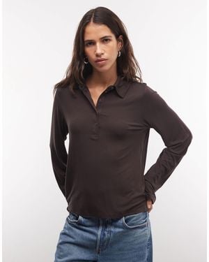 Monki Long Sleeve Polo Top - Black