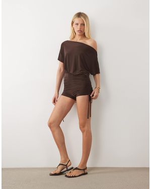 Miss Selfridge Off Shoulder Playsuit With Ruched Short - Natural