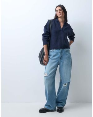 Monki Jersey De Punto Tipo Polo En - Azul