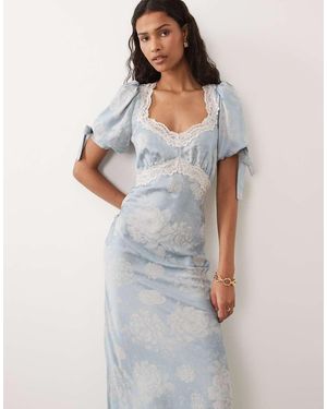 Hope & Ivy Vestido Midi Pálido De Satén Con Patrón De Jacquard, Mangas Anudadas Y Ribete De Encaje - Gris