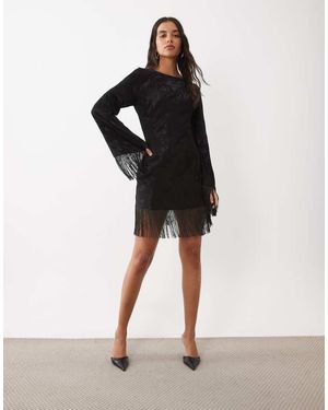 ASOS Jacquard Asymmetrische Halslijn Mini Jurk Met Franjes - Zwart
