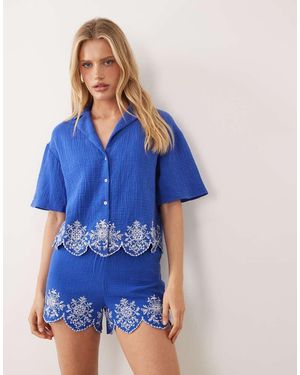 New Look Cropped Strandoverhemd Met Borduursels - Blauw