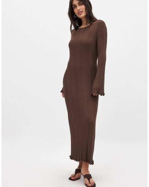 NA-KD Knitted Round Neck Frill Maxi Dress - Brown