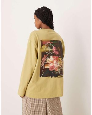 ASOS Long Sleeve Oversized Tee With Blurred Floral Graphic And Puff Print Detail - Natural