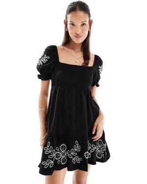 Miss Selfridge Embroidered Puff Sleeve Mini Dress - Black