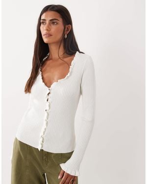 Mango Frill Detail V Neck Cardigan - White