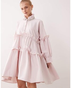 Sister Jane Dream Rising Sun Cotton Smock Embellished Collar Mini Dress - Pink
