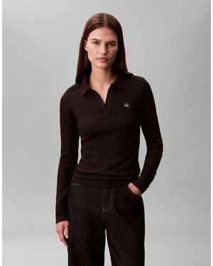 Calvin Klein Slim Fit Rib Polo Neck Long Sleeve Top - Black