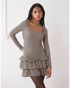 Collusion Gingham Textured Square Neck Long Sleeve Dress - Brown