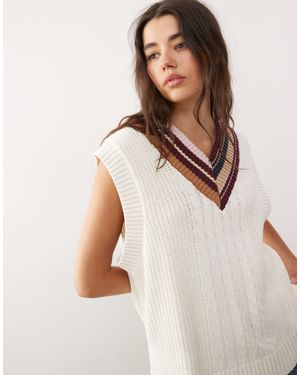 Monki V-neck Knitted Singlet With Contrast Varsity Stripe Neckline - Natural