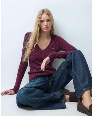 Hollister Knitted Icon Logo V-Neck Jumper - Blue