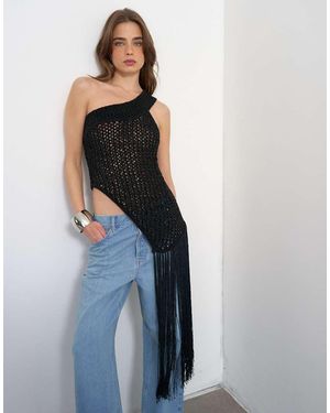 TOPSHOP Knit One Shoulder Tassel Trim Top - Blue